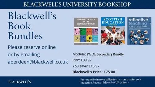 BlackwellsAbdn's tweet photo. We are delighted to welcome back our first batch of new students for this academic year this week. 

The two PGDE bundles are now available for pick up from the shop or at our two special PGDE bookstalls at the MacRoberts building on Monday and Tuesday. https://t.co/kNle5kxiXN