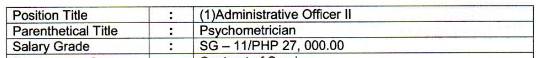 HOT TAKE:

The thing is sadly (and weirdly), a psychometrician is not even a plantilla position/title in the government. They are often hired in the positions of administrative assistants, or officers and just use psychometrician as a parenthetical title.