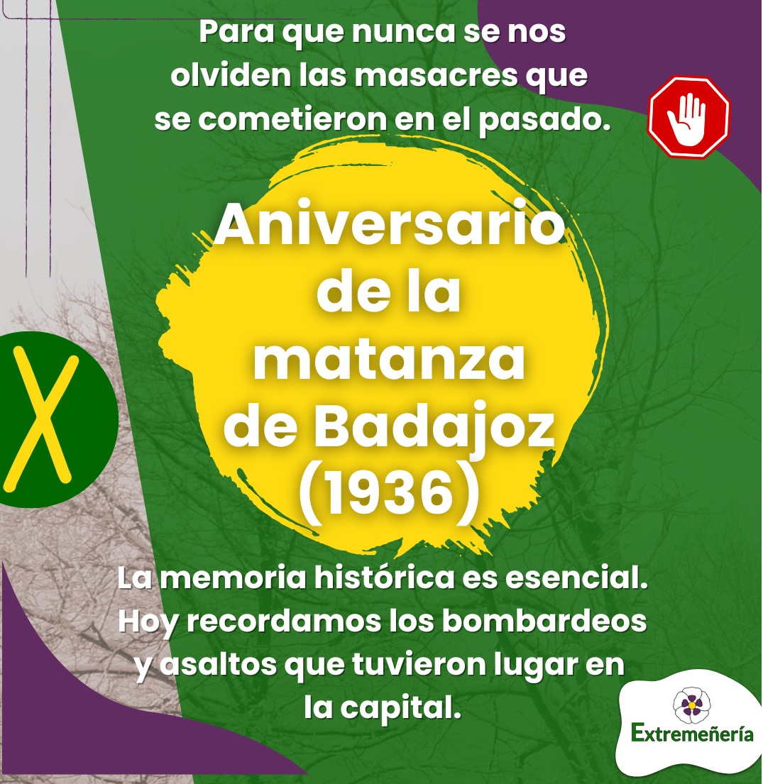 Cerca de 4 mil pacenses fueron víctimas de la #MatanzadeBadajoz por sus valores, ideología y defender un Estado Democrático.
Respeto, dignidad y recuerdo para las víctimas. 
La #MemoriaHistórica es esencial para que no caigan en el olvido los horrores sufridos en #Extremadura.
