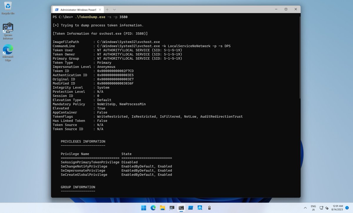 daem0nc0re's tweet photo. Updated TokenDump to get uncovered token information.
Now TokenDump can retrieve information about AppContainer, Security Attributes, TokenFlags and Restrocted Groups.
https://t.co/zMibsXWns7 https://t.co/sXlsltTkZg