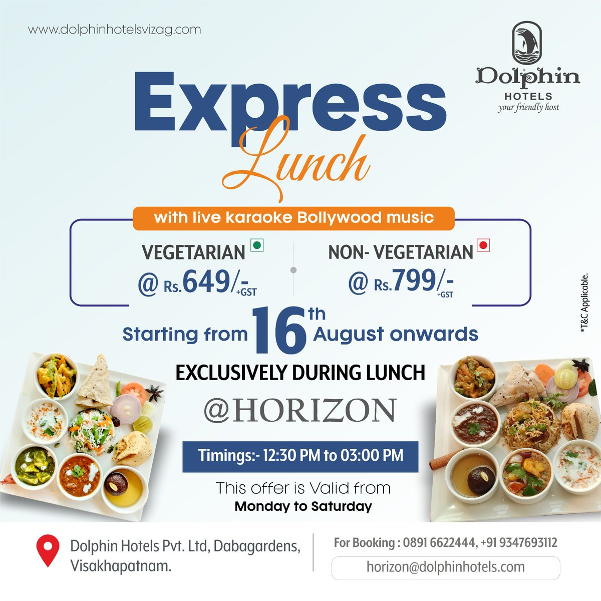 dolphinhotelvsp's tweet photo. Indulge in an exclusive express lunch curated by Dolphin Hotels.
Enjoy a grand vegetarian spread for Rs.649 and non-vegetarian for Rs. 799.
To add flavour to your food, we have also melodious live band performance of Bollywood music.
#expresslunch #livemusic #live #music #food https://t.co/ytPptoWceT