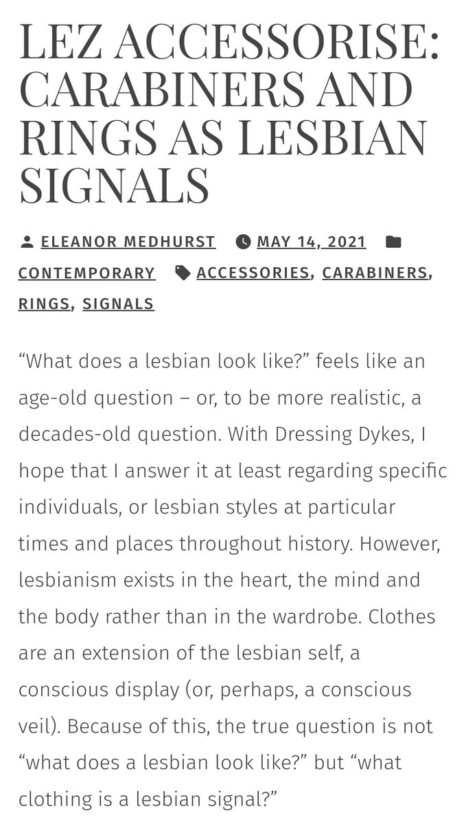AmorousHistpod's tweet photo. One of my favourite sources for the latest episode of Amorous Histories was 'Lez Accessorise: Carabiners and Rings as Lesbian Signals' by @EleanorMedhurst on her Dressing Dykes website 💻 https://t.co/2PFkyvsMl0
#QueerCoding #QueerSignaling #QueerSigns #wlw #Lesbian https://t.co/u87aV7RpuP