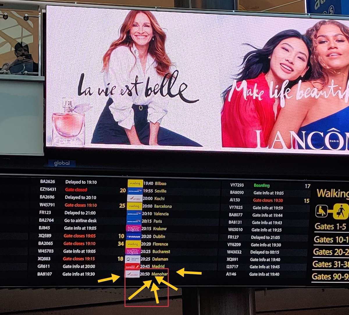 AshJPe's tweet photo. Where the hell is Manohar? I thought the name of the state was #Goa ! I had a tourist at the London airport ask me where the flight was to #Goa? I said it's the one that says Manohar, it is so confusing for a new person. @DrPramodPSawant study this and fix it please https://t.co/eMEuAwWCJA