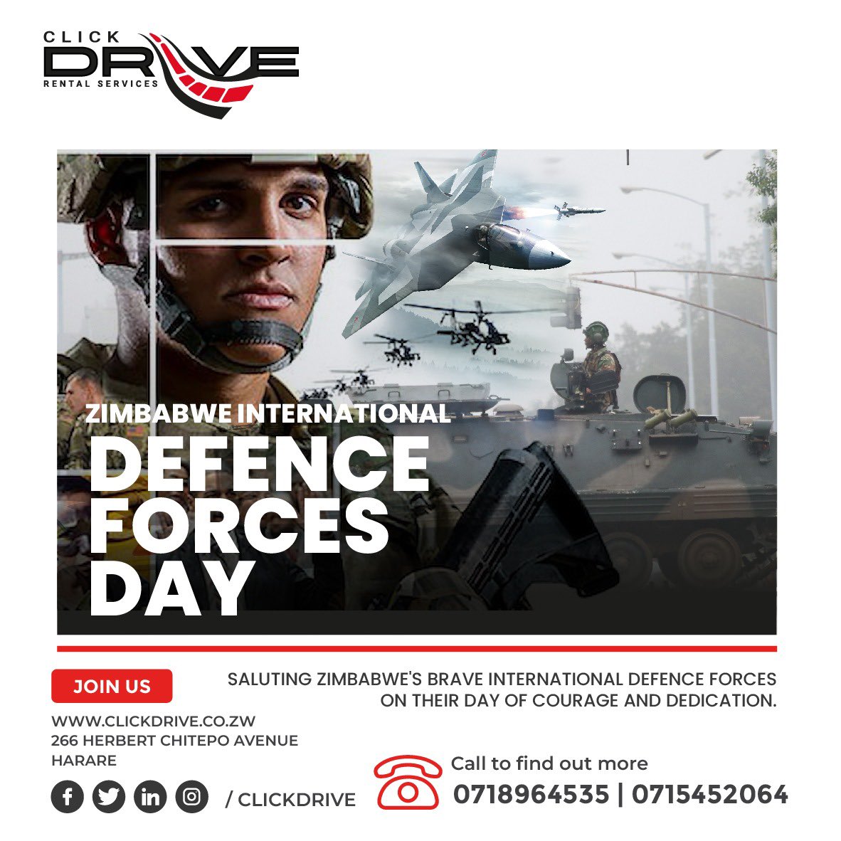 PhiriTofara's tweet photo. We salute Zimbabwe's brave Defence Forces on their day of courage and dedication...Happy Defence Forces Day!!!
#Clickdrive #rentacar #247service #defenceforces #augustholiday https://t.co/ftVxWRJ75d