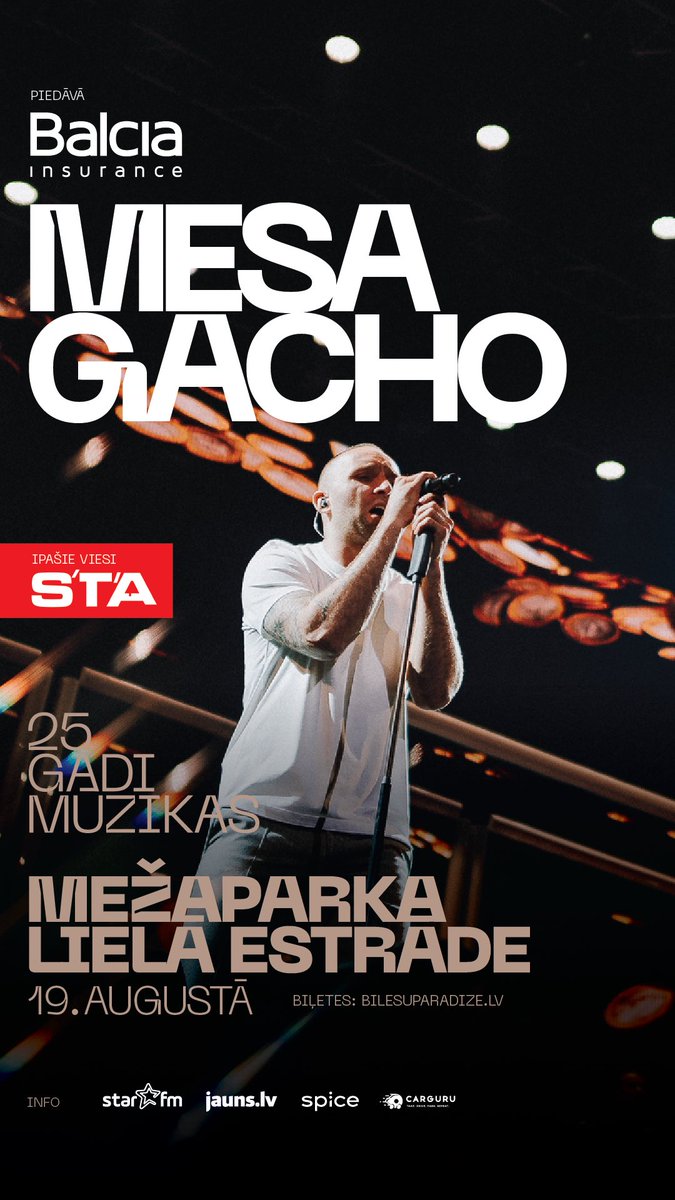 Jau šo sestdien,19.08.2023. tiekamies <a href="/GACHO/">G A C H O</a> lielkoncertā Mežaparka lielajā estrādē,kur uz skatuves kāps arī S’T’A. Biļetes meklē te: bilesuparadize.lv/lv/performance…