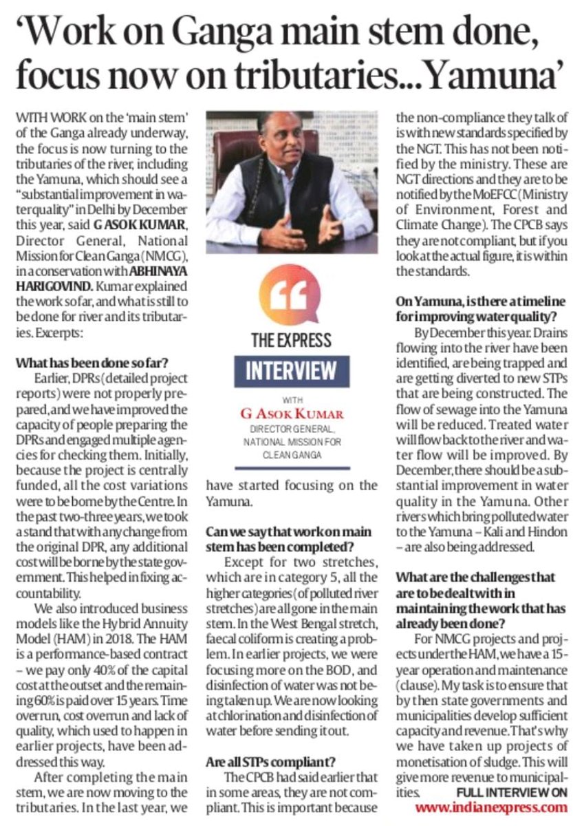 Sh @asokji's interview with @IndianExpress highlighting the monumental progress in restoring the main stem of the #Ganga! Exciting times ahead as the focus now shifts to nurturing its tributaries, including the beloved #Yamuna. A must read. #NamamiGange