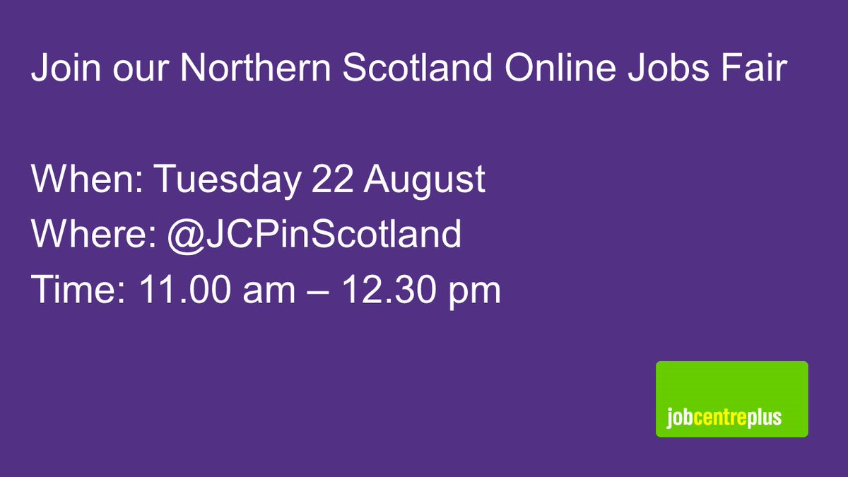 Join our Online Jobs Fair on 22 August. 

We will feature a range of opportunities and vacancies in #Moray area

Plus offers and jobs in #FortWilliam, #Kirkwall, #Lerwick, #Portree and #Stornoway

#JobsInMoray #HighlandsJobs #ShetlandJobs #OrkneyJobs #WesternIslesJobs