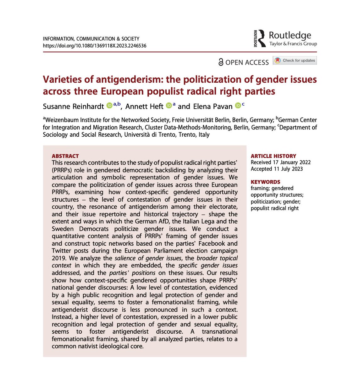 New #OpenAccesspaper <a href="/akheft/">A. Heft</a> <a href="/elenapavan1980/">Elena Pavan</a>:  How do context-specific gendered opportunity structures shape the extent&amp; ways in which populist radical right parties politicize gender issues? doi.org/10.1080/136911…
 We present a case study &amp; theoretical framework (1/x)