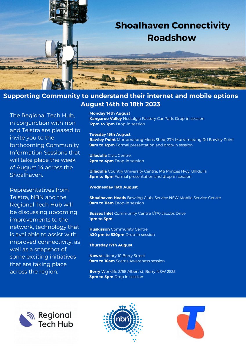 Supporting the Community to understand their internet and mobile options The Regional Tech Hub, in conjunction with nbn and Telstra is pleased to invite you to the following information sessions.