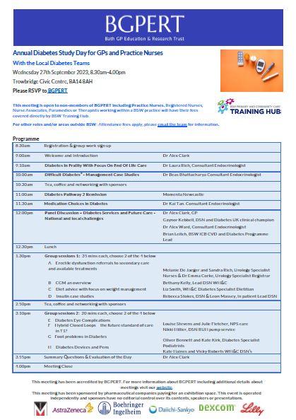 BGPERT's tweet image. Please see the updated programme for the annual diabetes study day on Wednesday 27th September 2023, at the Civic Centre, Trowbridge.
bathgped.co.uk/event/annual-d…
To book your place, please email the team, non-members welcome.
Many thanks, The BGPERT Team
