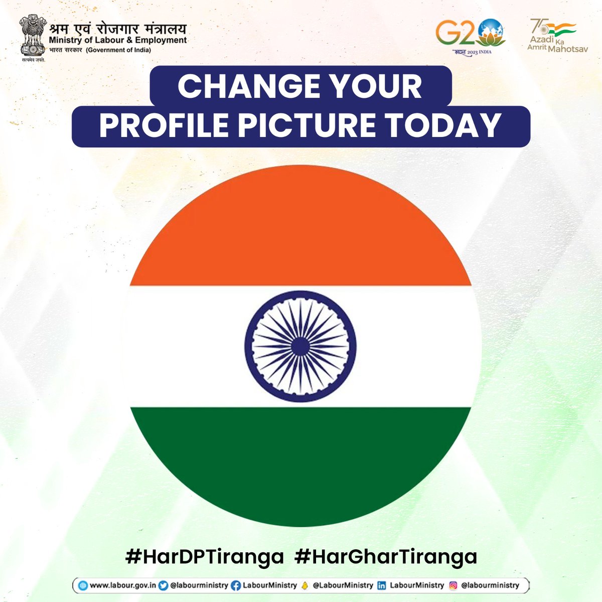 LabourMinistry's tweet photo. Show your patriotic spirit! Update your display picture of every social media platform with the #Tiranga 🇮🇳 to celebrate our nation's pride. 

Let's unite in colors of freedom! 

#ProudIndian #IndependenceDay2023
#TirangaDay

@byadavbjp @Rameswar_Teli @mygovindia @PIB_India https://t.co/DRIxXiRUgV