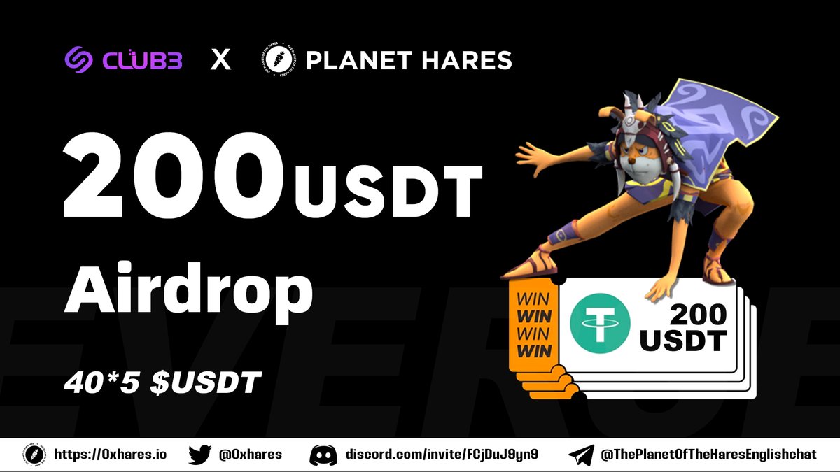 🚀<a href="/club3xyz/">Club3</a>  X <a href="/0xhares/">Planet Hares | "Nobody Jackpot" Beta Testing</a>  #200USDT GIVEAWAY✨

Launching Exclusive Endeavors!
🎁 Engage in our rare #sweepstakes and be the lucky one to earn 200 USDT bonuses! Make sure you're in!

📅 Aug 14th – Aug 21st
✅To enter
club3.xyz/quest/2d6c519e…

#Giveaway  #Airdrop #Hareverse
