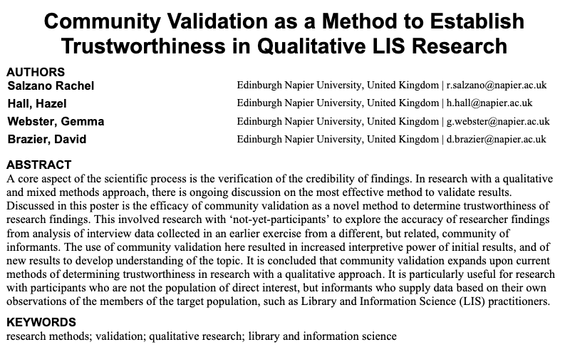 Dr Hazel Hall (@hazelh) on Twitter photo New output from <a href="/LibraryGryphon/">Rachel Salzano</a>'s doctoral research accepted for #asist2023 evaluates community validation as a novel means to determine trustworthiness in qualitative & mixed methods research hazelhall.org/2023/08/13/com… co-authors <a href="/EdNapierSCEBE/">ENU Computing, Engineering & Built Environment</a>'s <a href="/hazelh/">Dr Hazel Hall</a> <a href="/GemmaDucat/">Gemma Ducat</a> <a href="/BrazierPhD/">David Brazier</a> New output from <a href="/LibraryGryphon/">Rachel Salzano</a>'s doctoral research accepted for #asist2023 evaluates community validation as a novel means to determine trustworthiness in qualitative & mixed methods research hazelhall.org/2023/08/13/com… co-authors <a href="/EdNapierSCEBE/">ENU Computing, Engineering & Built Environment</a>'s <a href="/hazelh/">Dr Hazel Hall</a> <a href="/GemmaDucat/">Gemma Ducat</a> <a href="/BrazierPhD/">David Brazier</a>
