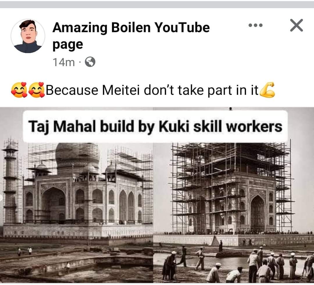 🤣A Youtuber of Kuki descent asserted that #TajMahal was constructed by skilled Kuki laborers.

#Fighter #HeavyRain #SeemaSachin #BB25 #BurjKhalifa #KingofRomance #ShilpaRao #August15 #KenviJeweller #IndianFlag #14AugustBlackDay #Chaleya #MondayMotivation #NEET #Rakshas #Varanasi