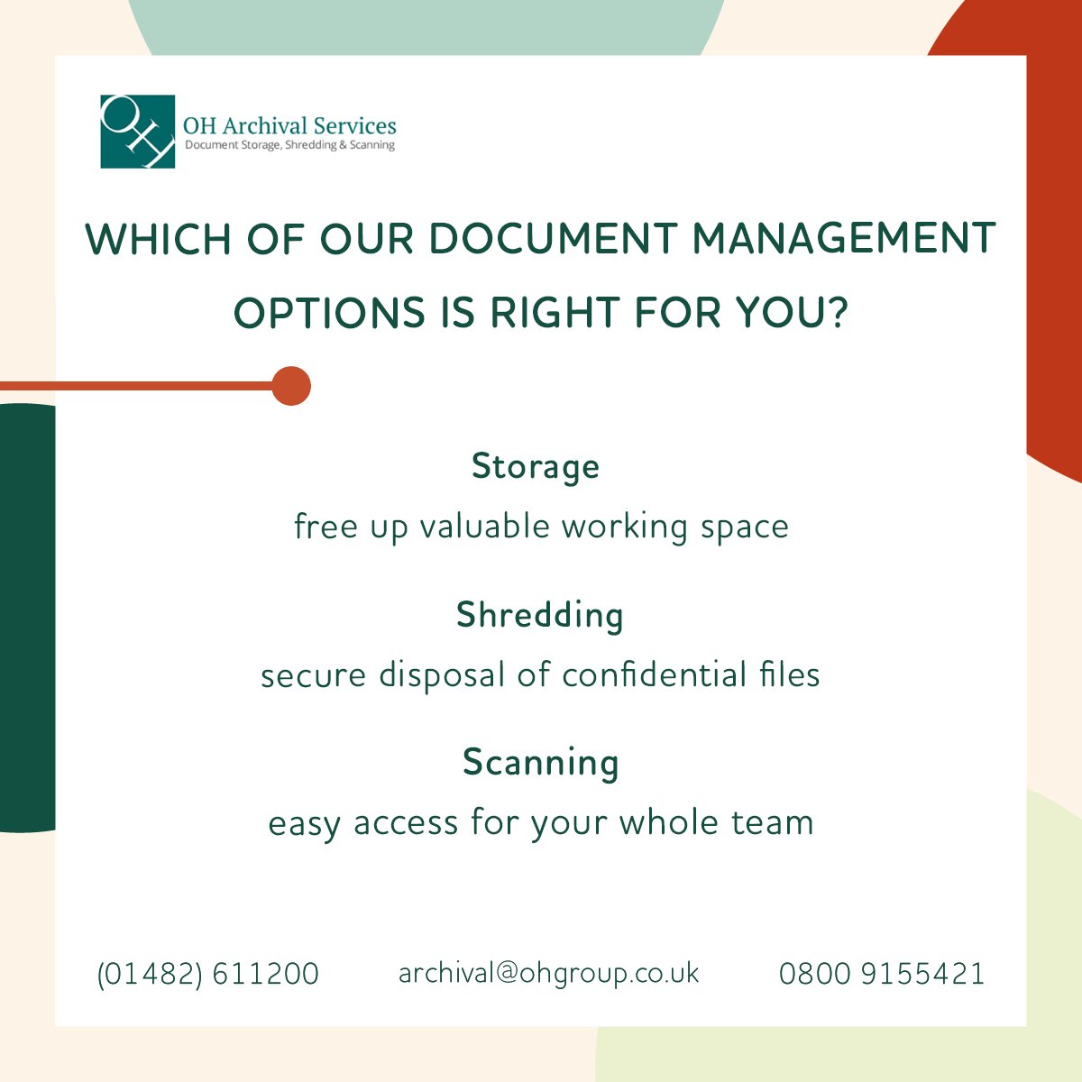 OH_Archival's tweet photo. Not sure which of our #documentmanagement options is right for your business?
There are many benefits to each of our services!
To learn more about each of our services, call/email our team
๐ (01482) 611200
๐งarchival@ohgroup.co.uk
#hull #ukdocumentmanagement https://t.co/RTdtHLvqn5