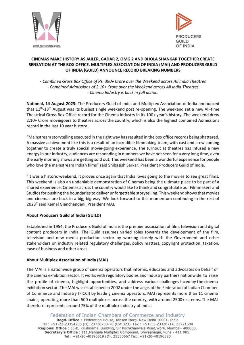 Movies4u_Officl's tweet image. Last weekend is the biggest ever weekend for Indian Cinema in last 100 years.

#ProducerGuildOfIndia and #MultiplexAssociationOfIndia revealed that combined gross of #BholaaShankar , #OMG2, #Gadar2 and #Jailer is approx 390cr, highest ever in last 100 years.