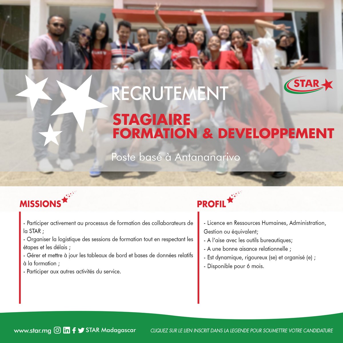 star_mdg's tweet photo. Venez briller avec nous :
Nous recrutons:
- Un stagiaire Formation & Développement https://t.co/8cZ8OLPMcc
- Un superviseur QHSE opérationnel
https://t.co/9DVbrqhuKF
#STAR #STAR70ans #recrutement https://t.co/XX84wAuVdh
