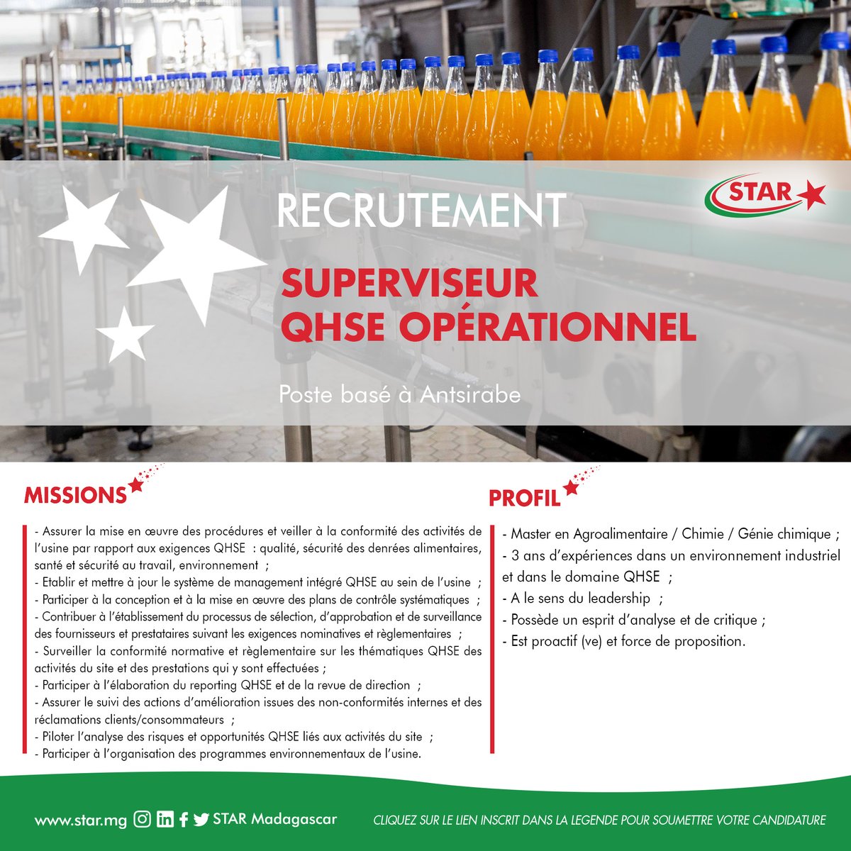 star_mdg's tweet photo. Venez briller avec nous :
Nous recrutons:
- Un stagiaire Formation & Développement https://t.co/8cZ8OLPMcc
- Un superviseur QHSE opérationnel
https://t.co/9DVbrqhuKF
#STAR #STAR70ans #recrutement https://t.co/XX84wAuVdh
