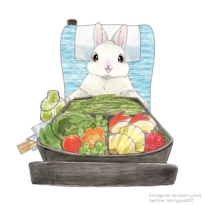 〜うさぎさんのお盆〜  ぱかっ!!  駅弁をあけると爽やかな牧草の香りと  あま〜いフルーツの香りが飛び出しました  『いただきまーす』  うさぎさんはぺろりと完食  牧草茶を飲みながら  流れる景色を眺めました
