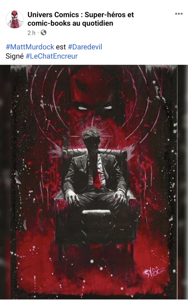 Lechatencreur's tweet photo. Tu te lèves, tu prends ton #cafe tu manges tes #croquettes #chat #applaws, tu allumes ton téléphone... ET là tu as l'honneur de voir un de tes #dessins sur le #comics #marvel  #daredevil partagé sur la page Facebook de @UniversComics 
Mais quel honneur et quelle joie. https://t.co/ytsilgvgy7