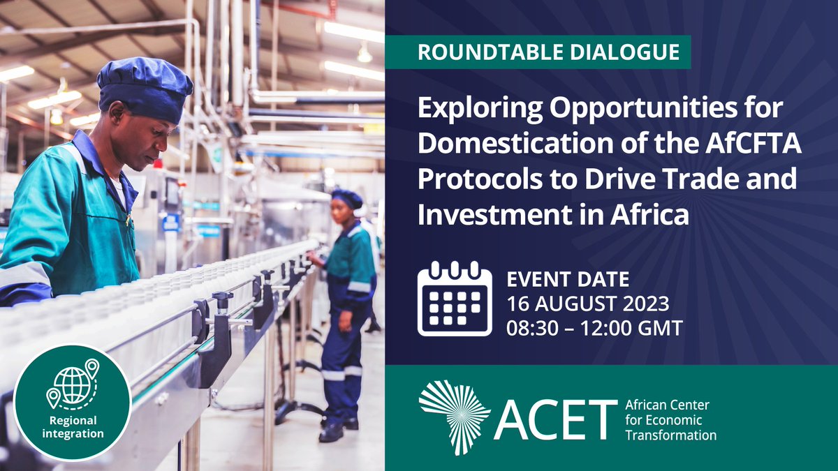 AcetforAfrica's tweet photo. African economies aim to overcome trade fragmentation through the #AfCFTA. Our next roundtable dialogue dives deep into AfCFTA protocol domestication, exploring challenges, solutions, and strategies for enhanced implementation.

Learn more: https://t.co/EyrwvMjA8e

#TradeInAfrica https://t.co/rr5QO5bM53