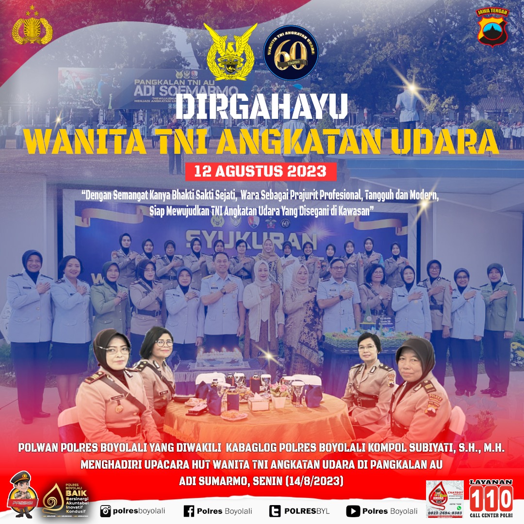 POLRESBYL's tweet image. POLWAN POLRES BOYOLALI YANG DIWAKILI  KABAGLOG POLRES BOYOLALI KOMPOL SUBIYATI, S.H., M.H.MENGHADIRI UPACARA HUT WANITA TNI ANGKATAN UDARA DI PANGKALAN AU ADI SUMARMO, SENIN (14/8/2023)

#wara #hutwanitatniau #upacara #kabaglog #polresboyolali #polresboyolalibaik #boyolali