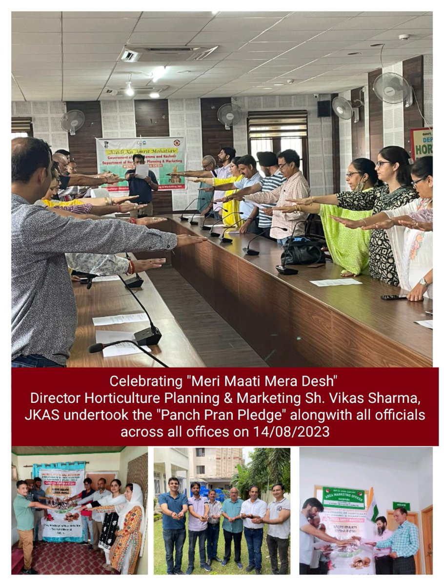 Celebrating #MeriMattiMeraDesh Director Horticulture Planning &amp; Marketing Sh. Vikas Sharma, JKAS undertook the #Panch_Pran_Pledge alongwith all officials of the dept.
<a href="/HorticultureJk/">JK Horticulture</a> 
<a href="/JkAgriculture/">JK Agriculture</a> 
<a href="/PMOIndia/">PMO India</a> 
<a href="/OfficeOfLGJandK/">Office of LG J&K</a> 
<a href="/diprjk/">Information & PR, J&K</a> 
<a href="/PIBSrinagar/">PIB in Jammu Kashmir & Ladakh</a> 
<a href="/PIB_India/">PIB India</a> 
<a href="/ddnews_jammu/">DD NEWS JAMMU | डीडी न्यूज़ जम्मू</a>