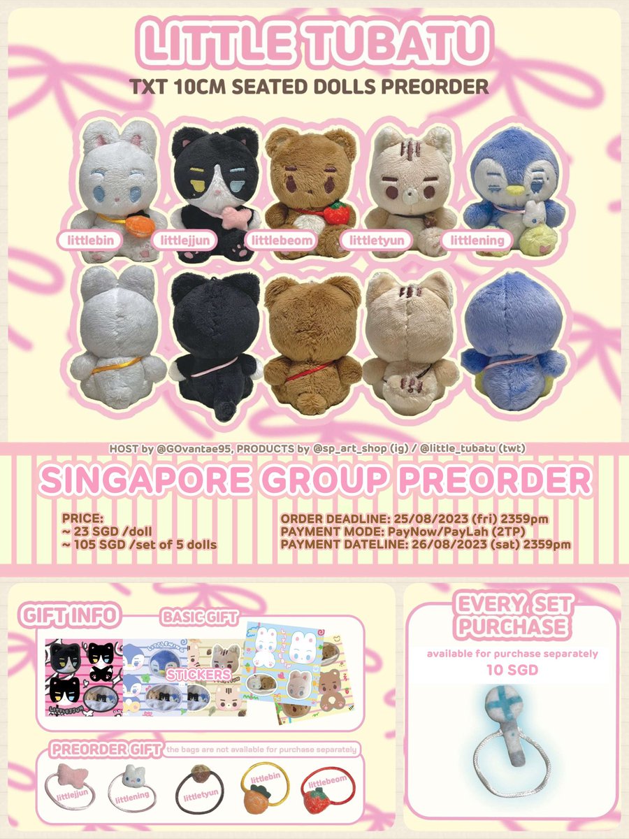 GOvantae95's tweet photo. [🇸🇬 SG GO PREORDER]
Little Tubatu 10cm Seated Dolls
(Products by @little_tubatu)
⏰ Deadline: 25 Aug’23 (fri) 2359pm SGT+8
👶 S$23/doll or S$105/set of 5 dolls 
💵 PayNow/PayLah (2TP)
🛒 https://t.co/jhCX7hsB8i
Click Link to join SG GO
#txtdoll #txtfanmerch #txtgrouporder https://t.co/hmQKmcAwdi