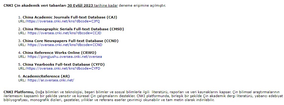CNKI Çin akademik veri tabanları 30 Eylül 2023 tarihine kadar deneme erişimine açılmıştır.
ktp.yildiz.edu.tr/duyurular/CNKI…

Bilginize sunarız.