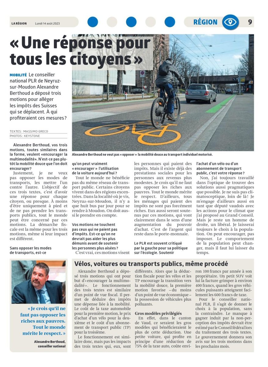 Merci au journal <a href="/LaRegionNV/">La Région NV</a> d'avoir relayé mes trois motions déposées lors de la dernière session pour promouvoir la multimodalité et pour l'interview.
Il est nécessaire de soutenir davantage fiscalement la mobilité !
Pour plus d'infos : parlament.ch/fr/ratsbetrieb…
#parl #mobilité