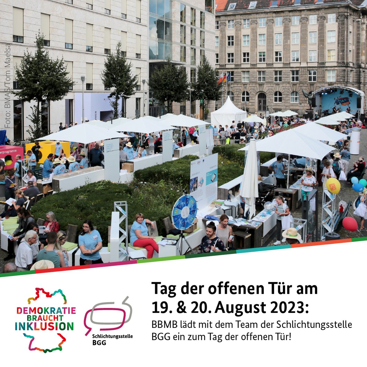 🥳🚪Am 19. &amp; 20.08. gemeinsam hinter die Kulissen des #BBMB und der #Schlichtungsstelle BGG schauen! Beim Tag der offenen Tür der Bundesregierung am Zietenplatz in Berlin: Vorbeikommen, austauschen und inspirieren lassen, lohnt sich! 

ℹ️ Weitere Infos: bundesregierung.de/breg-de/themen…