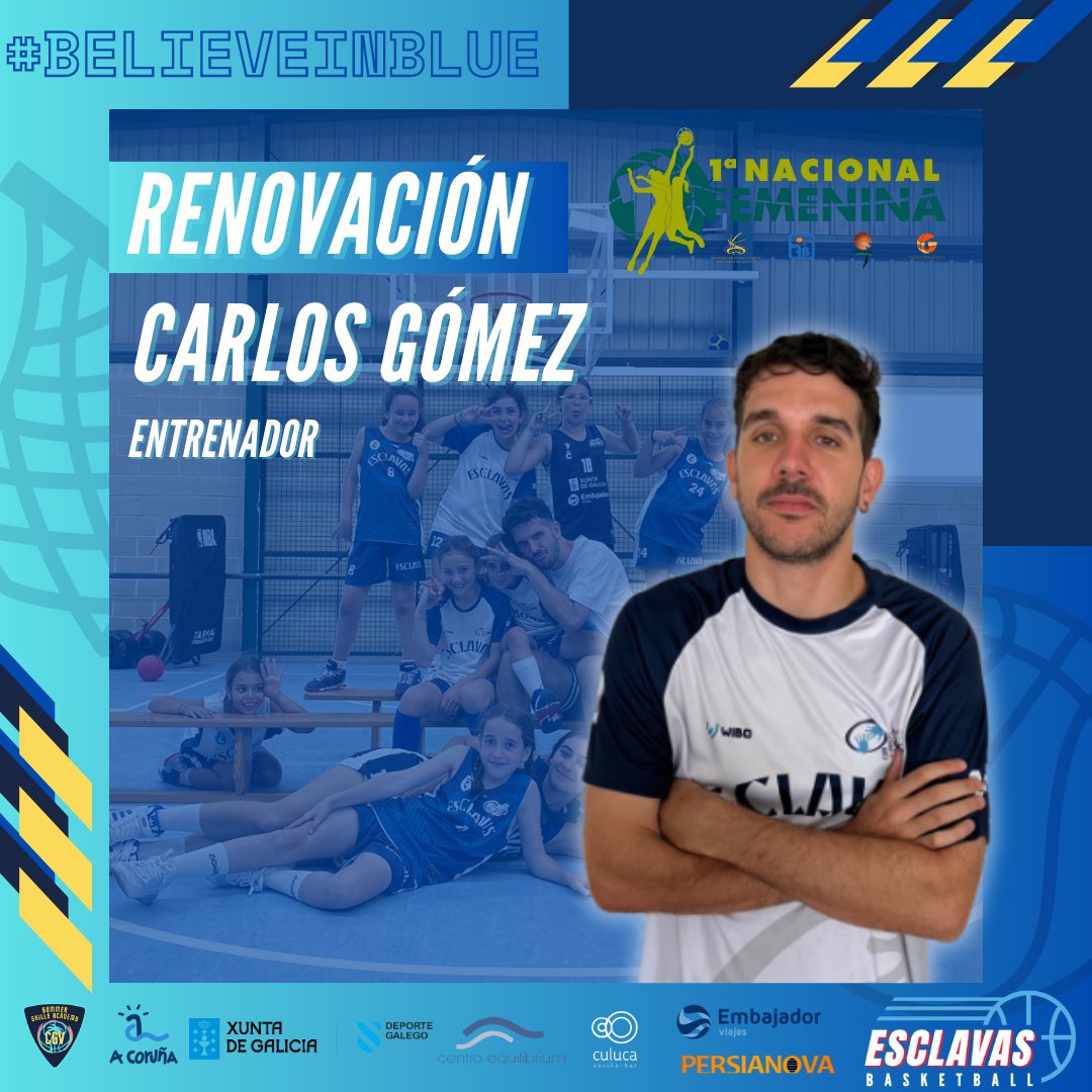 ClubEsclavas's tweet photo. 🏀1ª Nacional Femenina🏀

➡️Renovación
🏀Carlos Gómez

Tras el ascenso, Carlos vuelve con el equipo para afrontar este nuevo reto! Duro coach, estamos contigo! 💙

@ConcelloCoruna 
@laopinioncoruna
@FGB_Baloncesto
@culucacocinabar
@coruna_deportes
@dxtcampeon
@ViajesEmbajador https://t.co/b7Xervho6w