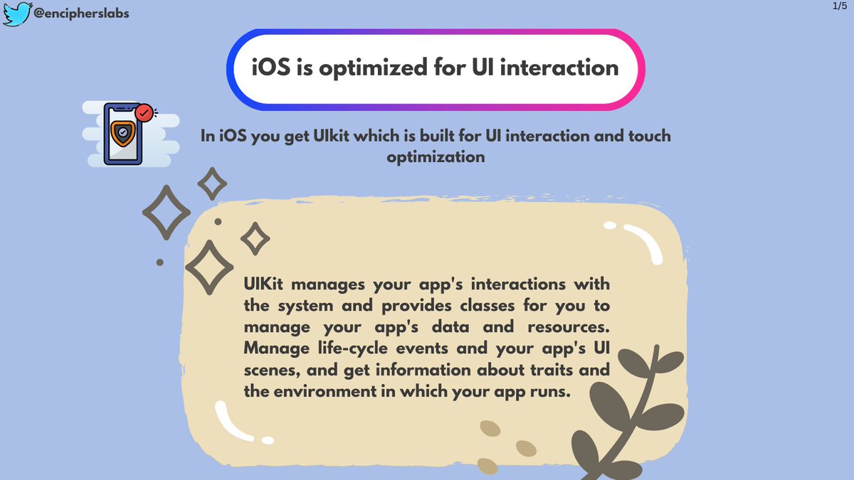 📱 iOS excels in UI interaction! 🎨✨ With #UIKit, it's optimized for touch and seamless user experiences. Manage app interactions, data, resources, life-cycle events, UI scenes, and environment details with ease. 📲🌟 #iOSDevelopment #iOSSecurity #MobileSecurity