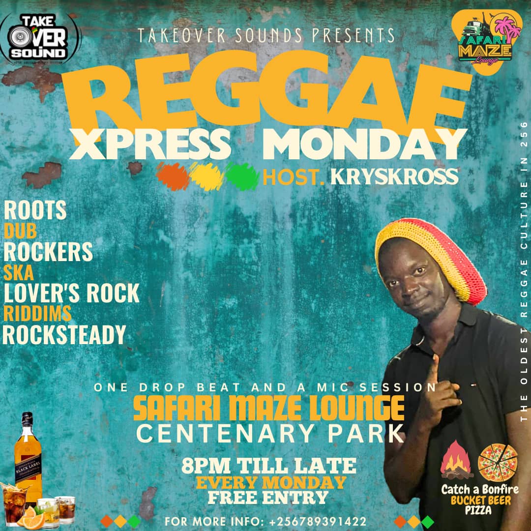 Reggae Xpress Monday, 🎶 Reggae music haffi play pan monday....

Tonight its going down at Safari Maze Lounge centenary park 8pm ✈️
<a href="/IamKrysKross/">ᵗʰᵉ ɢᴏᴅꜰᴀᴛʜᴇR</a> &amp; <a href="/takeoversoundug/">TakeOver Sound</a> presents the most consistent Reggae night in Uganda. 10 years and still counting.
#ReggaeXpressMonday
