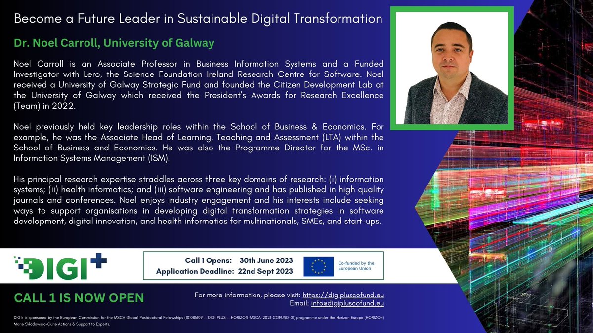 infoDIGIplus's tweet image. Supervisor of @infoDIGIplus Dr. Noel Carroll is an Associate Professor @uniofgalway and a Funded Investigator @LeroCentre. His research topics include #Digitaltransformation #AI #processmodelling #Analytics. Get in touch with him to discuss your proposal.