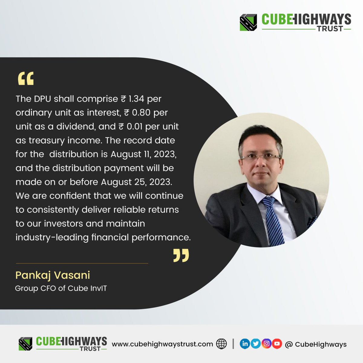 CubeHighways's tweet photo. Cube Highways Trust, managed by Cube Highways Fund Advisors Pvt. Ltd., has announced its results for the first quarter ended June 30, 2023. ₹ 2,774.2 mn will be distributed to the ordinary unitholders.
#CubeHighwaysTrust
#CubeInvIT
#FinancialResults https://t.co/pnhgDguJPT