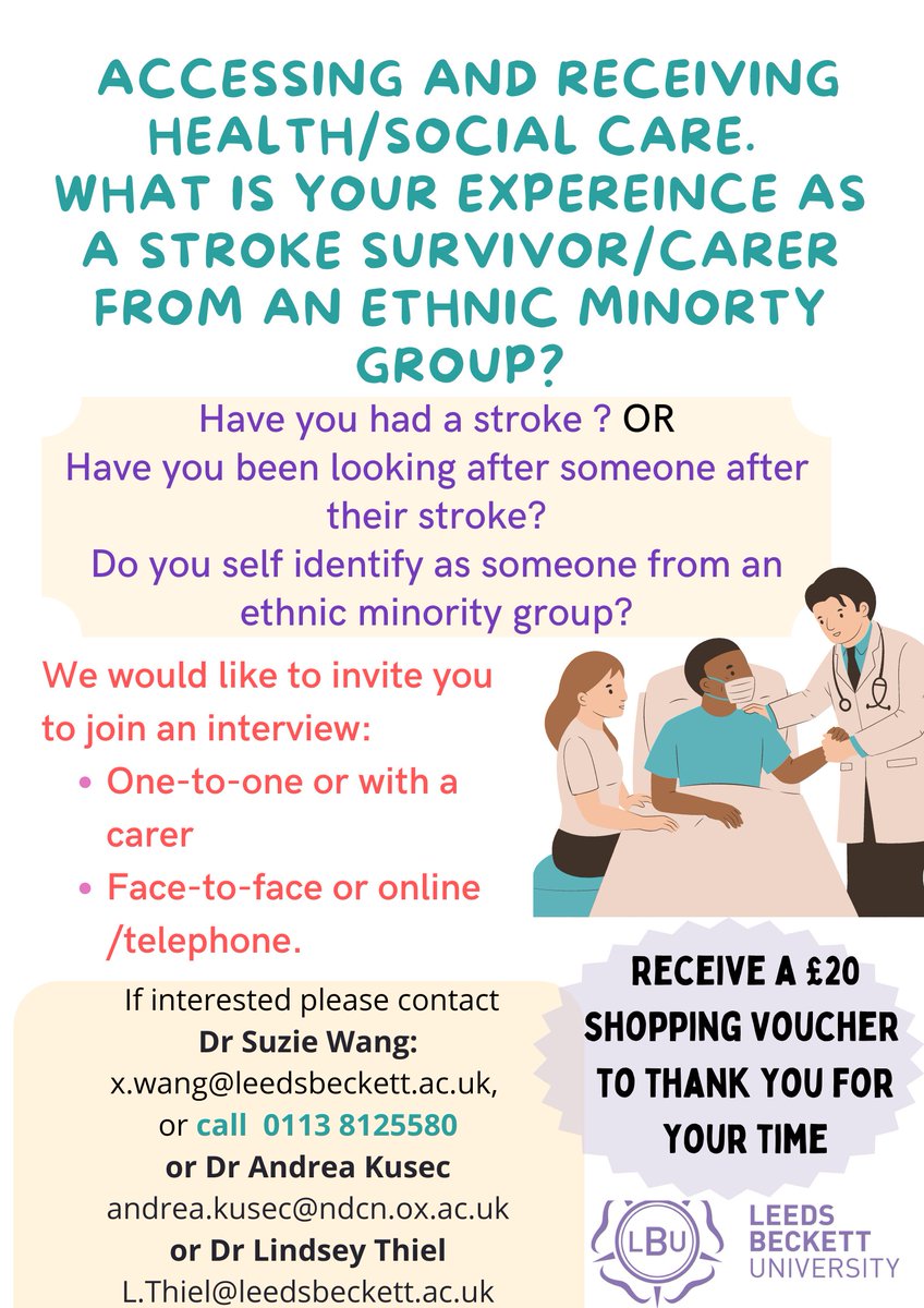 We would love to hear from any stroke survivors and  carers from minoritised ethnicities who are interested in taking part in this study about experiences of accessing health and social care services in the UK - please get in touch with me, 
<a href="/Dr_Suzie_XuWang/">Suzie Wang</a> or <a href="/AndyKusec/">Andrea Kusec</a>