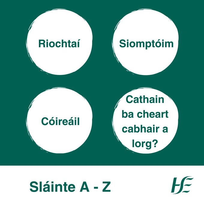 HSECHO7's tweet photo. Is é ‘Sláinte A go Z’ do threoir maidir le breis is 400 riocht sláinte, a siomptóim agus a gcóireálacha, lena n-áirítear céard ba cheart a dhéanamh agus cathain ba cheart cabhair a lorg.   Cuardaigh eolas maidir le riochtaí éagsúla anseo: https://t.co/631nZE4uoi https://t.co/Xw1pLEZG2z