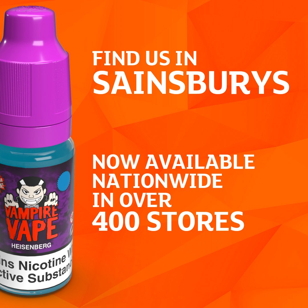 VampireVape's tweet photo. We're excited to announce that our Vampire Vape products are now available at Sainsbury's! You can find our range in over 400 locations across the UK! โคต
Head over to your nearest Sainsbury's and spot us on the shelves.
#Sainsburys #VampireVape https://t.co/bnoMgij3CD