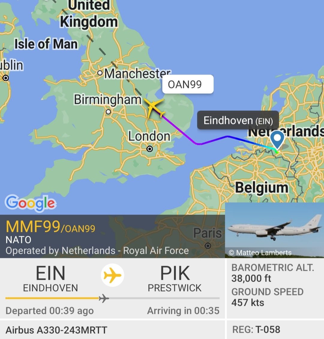 BloodyPolitics's tweet photo. A NATO MRTT is getting in on the act. Incoming.
Netherlands Royal Air Force A330 #MMF99 #OAN99 #T0578 from Eindhoven to Prestwick https://t.co/0Q4jB4VGVH https://t.co/2YQSMwxCMu