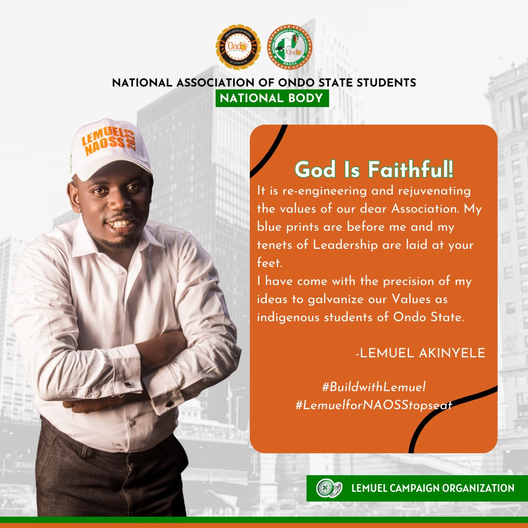 AkinyeleLemuel's tweet photo. "Redefining Ondo State Student Experience: Lemuel's Pledge to Progress. Aspiring to top the charts, he's poised to introduce a system that fosters fairness and unity among Ondo state students, bolstering the National Association of Ondo State Students."

#LemuelNaoss23 https://t.co/vgKGMd0tfs