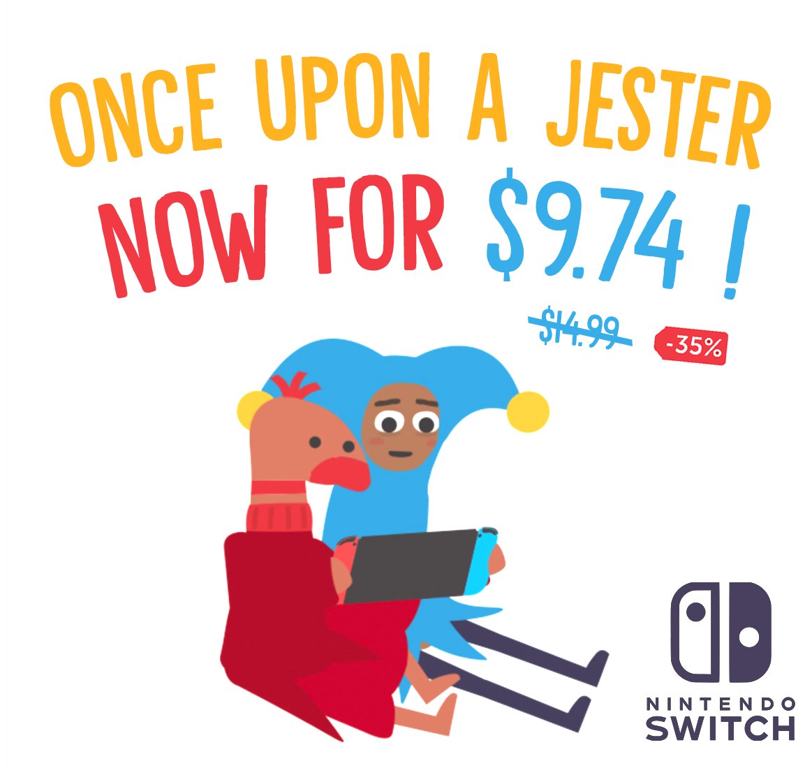 BonteAvond's tweet photo. If you buy Once Upon a Jester on Nintendo Switch right now you get 35% off and you can play it on the train or the bus or your bike! (don't play it on your bike)

Go to the store on your switch to get this deal :d https://t.co/9TvB3FBYQ7