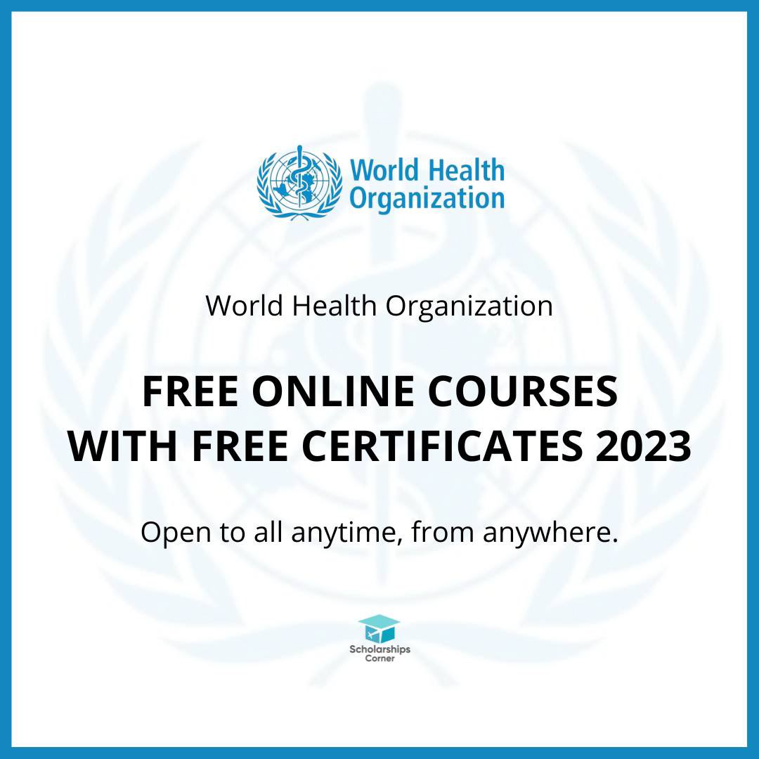 scholar_corner's tweet image. World Health Organization Free Online Courses with Free Certificates 2023

OpenWHO. Open to all anytime, from anywhere.

Link: scholarshipscorner.website/who-free-onlin…

#ScholarshipsCorner #FreeOnlineCourse