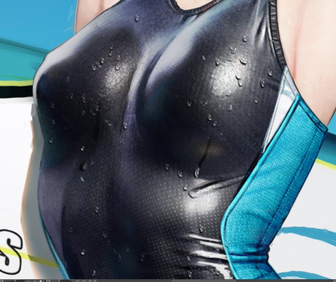 を目指しました。水着は一度グリザイユで仕上げたものに3Dでいくつかのテクスチャを生成して混ぜ合わせたものをベースにハイライト部分などを下着を濡らして上手い事合成しました青い部分や縫い目なども写真からブラシ作って使用しています→ 