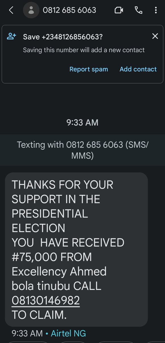 Just got this text that Tinubu is rewarding those that "supported him" in the election 😀

Just one question:  Do people really fall for this?