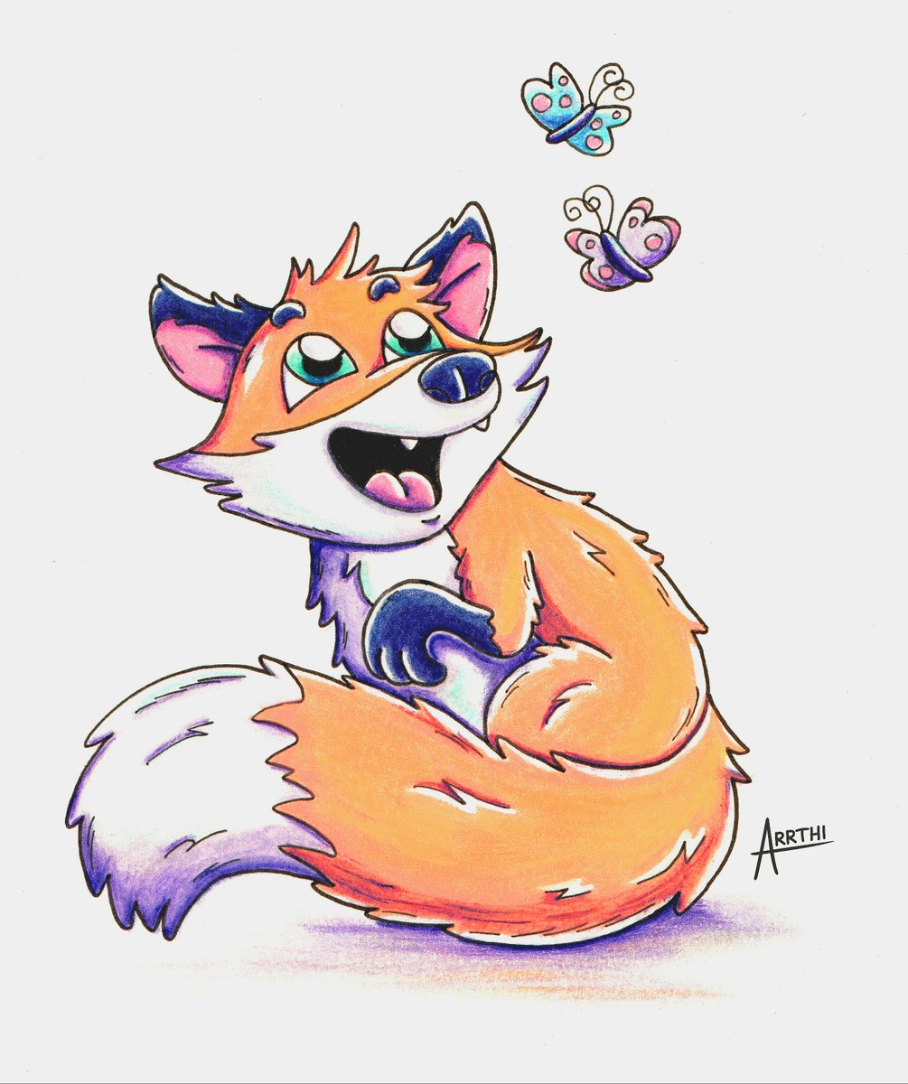Arrthi's tweet photo. My updated @AnimalAlphabets drawing for Fox 🦊. I wasn't happy doing the 10min sketches so I shook things up. I went to my happy place of colouring pencils. What do you think? #AnimalAlphabets #kidlit #characterdesign #kleinekunstklasse #cartoon #drawing #arrthi https://t.co/eFvO6kVE6V