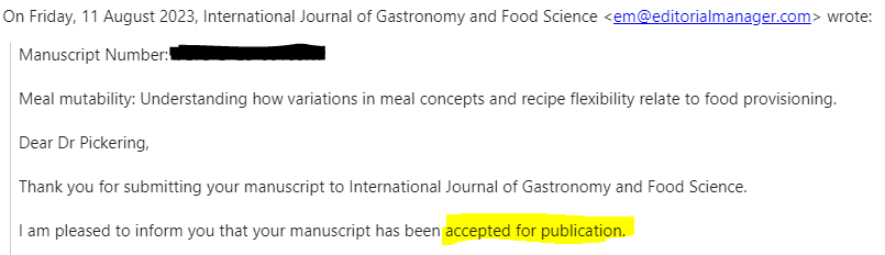 sartorialfoodie's tweet photo. Great first message of the day! @jackpickering74 and my paper "Meal mutability: Understanding how variations in meal concepts and recipe flexibility relate to food provisioning" has been accepted in the International Journal of Gastronomy and Food Science! :D https://t.co/vGSJel2k0o