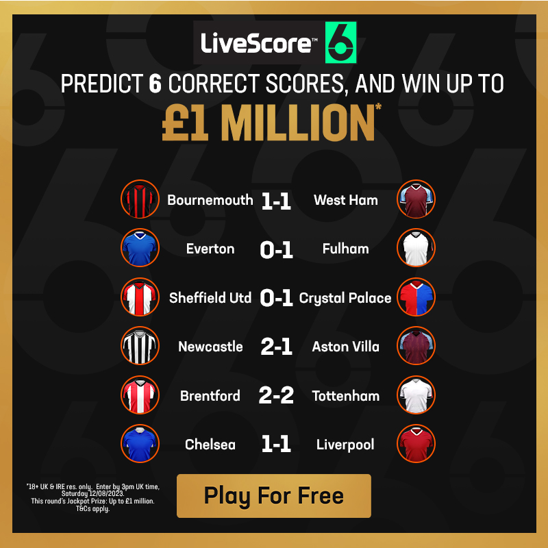 livescore's tweet photo. ✅✅✅✅✅❌

Bankole from Carshalton predicted FIVE correct results last weekend, winning a prize of £2,500, just failing to predict Newcastle's 5-1 thrashing of Aston Villa to win our JACKPOT! 😬