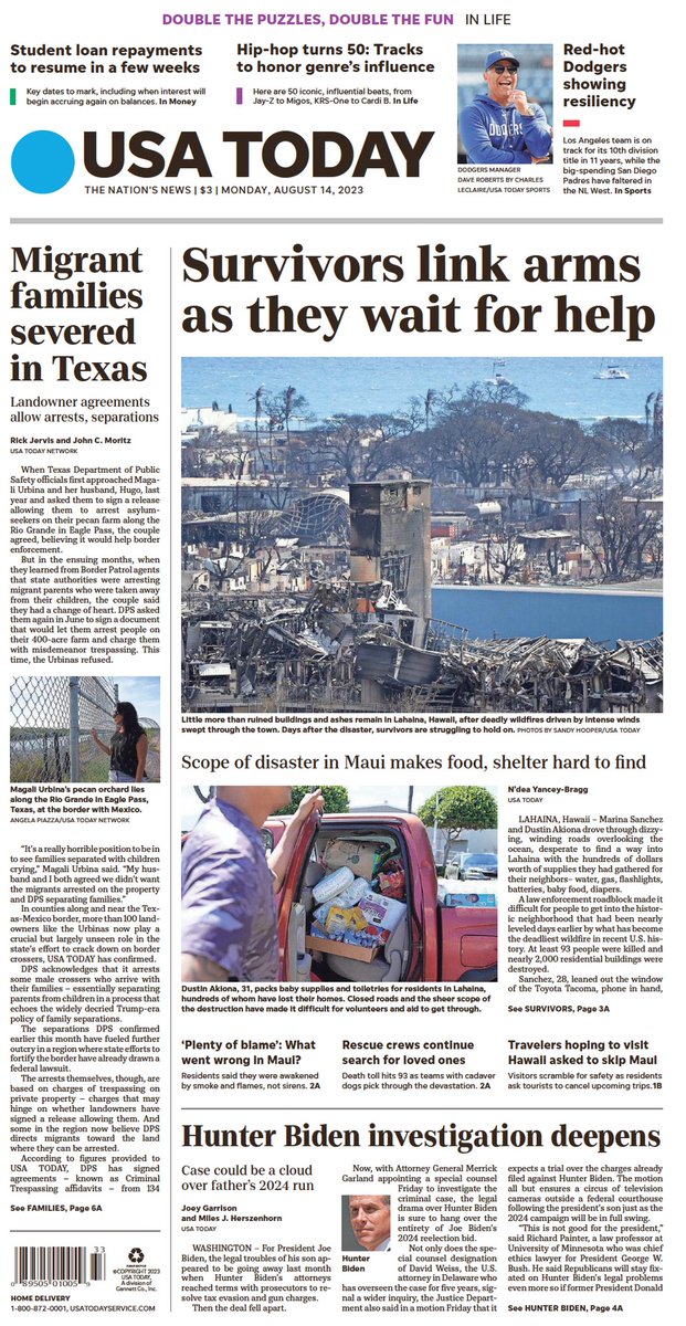 🇺🇸 Survivors Link Arms As They Wait For Help ▫Scope of disaster in Maui makes food, shelter hard to find ▫@NdeaYanceyBragg ▫is.gd/uO14TS 🇺🇸 #frontpagestoday #USA @USATODAY