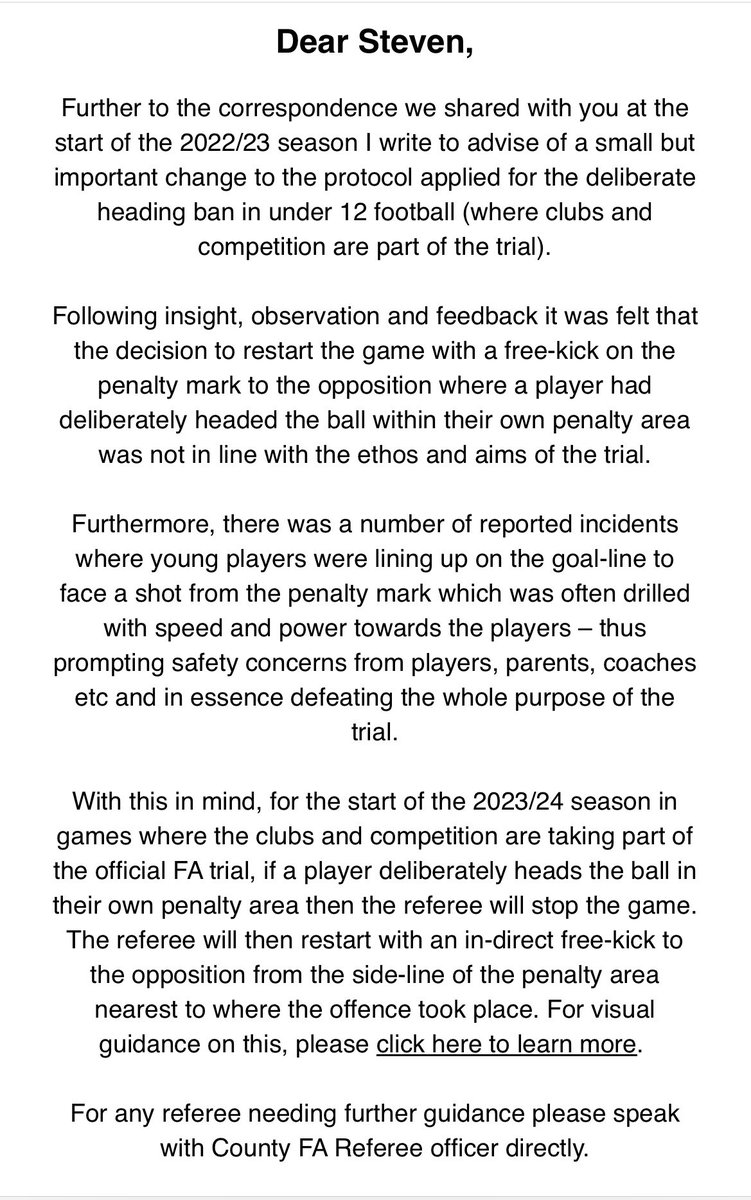 Don’t get me wrong I’m all for change to the game but I disagree with this. Im a parent, I watched my son make 3 good headers yesterday, he didn’t shirk or jump out the way he headed it like I used to. He headed it the same as the players on TV do &amp; was loving it! #gamesdying 😢